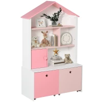 HOMCOM Estantería de Madera Infantil Librería para Niños con 4 Compartimentos 1 Puerta y 2 Cajones Extraíbles con Ruedas para Libros Juguetes 80x34x130 cm Rosa y Blanco(m-1)
