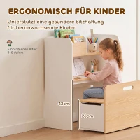 AIYAPLAY Kindertisch mit Sitzbank 5-in-1 Kindersitzgruppe mit Bücherregal, rollbar Kindertruhenbank mit Aufbewahrungsbox für 3-8(m-6)