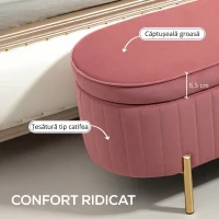 HOMCOM Bancă ovală cu spațiu de depozitare 72 L, cu capac rabatabil, din catifea și lemn, 108 x 44 x 43,5 cm, roz(m-4)