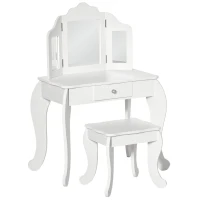 HOMCOM Masă de Toaletă pentru Copii cu Scaun și Oglindă Triplă, din Lemn și Acrilic, 63x40x85,5 cm, Albă(m-10)