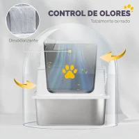 PawHut Arenero para Gatos de Acero Inoxidable XL Cerrado con Tapa Abatible Borde Alto Pala Antifugas Gris Claro(m-6)