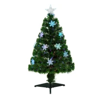 HOMCOM 3FT Green Fibre Optic Artificial Christmas Tree Xmas Colourful LED Scattered Tree with Snowflakes Ornaments Fireproofing(m-1)