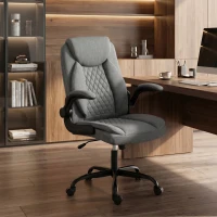 HOMCOM Linen-Look Computer Desk Chair, Executive Office Chair with Flip-Up Armrests and Thick Cushion, Grey(m-8)