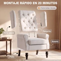 HOMCOM Sillón de Salón con Reposacabezas y Patas de Madera Butaca Carga 160 kg para Dormitorio Oficina Sala de Estar Crema(m-7)