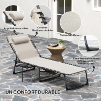 Outsunny Bain de soleil pliante dossier réglable sur 5 niveaux, plateau, appuie-tête, poche latérale 60x190x31cm, crème(m-5)