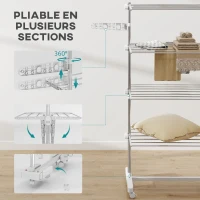 HOMCOM Étendoir à Linge 4 Niveaux, Sechoir a Linge avec 6 Roulettes, Pliable, Cadre en Acier Inoxydable et Ailes Latérales, pour Intérieur Extérieur, 142 x 55 x 172 cm, Blanc(m-6)