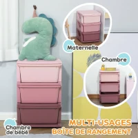 HOMCOM Organisateur de jouets pour enfants avec tiroirs à 3 niveaux, boîtes de rangement en plastique, 37 x 37 x 56,5 cm, rose(m-6)
