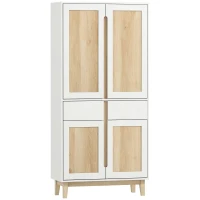 HOMCOM Buffet haut cuisine, armoire de cuisine avec 4 portes, 2 tiroirs et étagères réglables, 80x35x170cm, blanc et chêne(m-12)