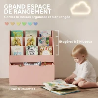 AIYAPLAY Bibliothèque pour enfants Multi-Rangement avec 3 niveaux d'étagères et un tiroir, 62,5L x 30l x 70H cm, rose(m-4)