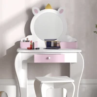 ZONEKIZ Unicorn-Design Kids Dressing Table, with Mirror and Stool - White(m-11)