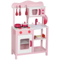 AIYAPLAY Bucătărie de Jucărie pentru Copii 3+ Ani cu Cuptor cu Microunde, Aragaz și Chiuvetă, din Lemn, 55x24x86 cm, Roz(m-1)