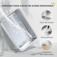 PawHut Arenero para Gatos de Acero Inoxidable XL Cerrado con Tapa Abatible Borde Alto Pala Metálica Antifugas Gris Claro(m-5)