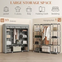 HOMCOM Clothes Storage Organiser with Hanging Rail, Shelves, Portable Wardrobe, Foldable Fabric Wardrobe, Light Grey(m-4)