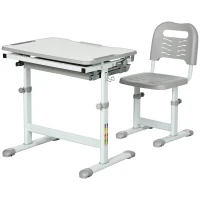 HOMCOM Banco Scuola per Bambini 6-12 Anni con Sedia e Altezza Regolabile, Piano Inclinabile, 66x47x52-77 cm, Grigio(m-11)