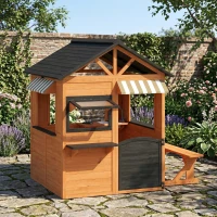 AIYAPLAY Cabane enfant extérieur en bois, maison enfant extérieur/intérieur avec cuisine de jeu, fenêtres, porte et banc, marron(m-2)