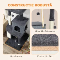 PawHut Ansamblu Multinivel pentru Pisici, 132 cm, cu Căsuță, Culcuș, Stâlpi de Zgâriat, Perie și Minge, Gri Închis(m-6)