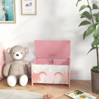 ZONEKIZ Coffre à jouet enfant coffre de rangement enfant couvercle rabattable motif de forêt coins arrondis 60 x 37 x 39 cm rose(m-10)
