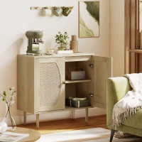 HOMCOM Buffet de cuisine meuble de rangement double portes avec 2 niveaux, façade en cannage 80 x 38 x 79 cm effet bois naturel(m-2)