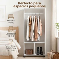 HOMCOM Armario Abierto con Ruedas Barra y Estantes para tener Ropa Colgada y Doblada 60x40x128 cm Blanco(m-6)