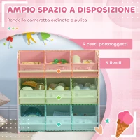 ZONEKIZ Mobiletto Portagiochi con 9 Cestini Rimovibili in Legno e Tessuto, 63x30x60 cm, Rosa e Bianco(m-4)