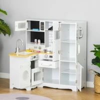 HOMCOM Cuisine pour Enfant 3-6 ans Jeu d'imitation Nombreux Accessoires rangements évier, robinet, four, micro-ondes, hotte, téléphone et réfrigérateur Blanc(m-10)