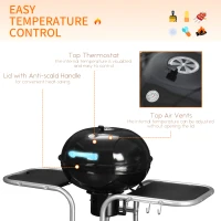 Outsunny Portable Charcoal Kettle Grill Outdoor Barbecue Trolley BBQ Heat Smoker Grilling with 2 Wheels, Storage Shelf and 4 Hooks, Free Standing, Black(m-5)
