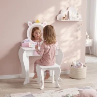 ZONEKIZ Toucador Infantil com Banco e Espelho Toucador de Maquilhagem com Gaveta Compartimentos Desenho de Unicórnio Branco(m-11)