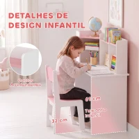 AIYAPLAY Secretária Infantil com Cadeira, Suporte Ajustável para Tablet, Porta-lápis, Quadro de Cortiça, Estantes e Armários, Rosa(m-7)