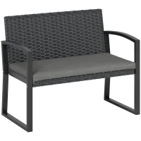 Outsunny Banc de jardin 2 places, banc d'extérieur en résine tressée PE avec coussin, acier galvanisé, 103x58x78cm, gris et noir(m-11)