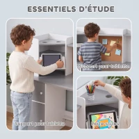 AIYAPLAY Bureau Enfant avec Chaise, Table d'Étude, Support de Tablette Réglable, Porte-Stylos, Panneau en Liège, 5-12 ans, Gris(m-5)