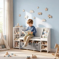 AIYAPLAY Estantería Infantil Juguetes con Rincón de Lectura Cojín 3 Cajones de Tela 3 Estantes 4 Cubículos 137x40x80 cm Blanco(m-2)
