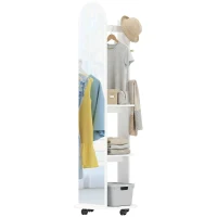HOMCOM 2-in-1 Full Length Mirror with Storage Shelves, Floor Mirror with 4 Wheels, Coat Rack, Hooks, White(m-11)