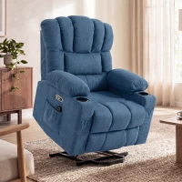 HOMCOM Sillón Relax Reclinable Eléctrico Levanta Personas Masaje Vibratorio y Calor Asiento Ancho USB-C USB-A Bolsillos Azul(m-5)
