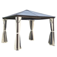 Outsunny Tonnelle pavillon de jardin imperméable 4 parois latérales anti-UV 4 moustiquaires panneaux polycarbonate alu 3L x 3l x 2,6H m chocolat beige(m-1)
