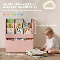 AIYAPLAY Librería Infantil de 4 Niveles Estantería para Libros Infantil con 3 Estantes y 1 Cajón con Ruedas 62,5x30x70 cm Rosa(m-4)