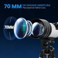 Outsunny Telescópio com  Abertura de 70 mm 30X-300X 300 mm Lente Barlow 3X Nível e Tripé Ajustável 76x76x133 cm Branco e Preto(m-4)