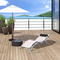 Outsunny Sonnenliege mit Auflage und Nackenkissen, Gartenliege, verstellbare Rückenlehne, Creme + Silber(m-2)