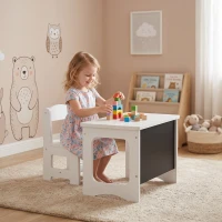 AIYAPLAY Set Tavolo e Sedia per Bambini 3-6 Anni in Legno con Piano Reversibile, Angoli Arrotondati, Bianco(m-9)