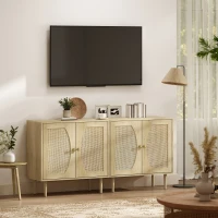 HOMCOM Buffet de cuisine meuble de rangement double portes avec 2 niveaux, façade en cannage 80 x 38 x 79 cm effet bois naturel(m-8)