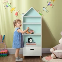 HOMCOM Estantería Infantil Librería de Madera para Niños para Libros Juguetes DVDs con 4 Estantes 1 Cajón Tablero de 2 Colores Diseño Compacto 50x30x142 cm Blanco(m-2)