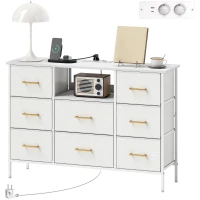 HOMCOM Commode 8 tiroirs en tissu bouclette, meuble de rangement avec 2 prises de courant, structure en acier 110x30x76cm crème(m-13)