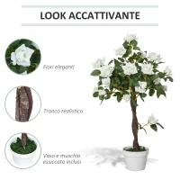 Outsunny Pianta Finta di Rosa da 21 Fiori con Vaso Riempito in Cemento e Muschio, Pianta Artificiale Anti-UV in Plastica e Tessuto, Ø18x90 cm, Bianco e Verde(m-4)