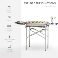 Outsunny Outdoor Folding BBQ Rectangular Stainless Steel Foldable Pedestal Charcoal Barbecue Grill - Silver(m-4)