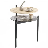 HOMCOM Măsuță laterală rotundă cu poliță deschisă din sticlă pentru spații mici, living, dormitor, 41,8 x 39,8 x 53,5 cm, stejar(m-8)