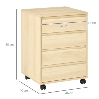 HOMCOM Four-Drawer Office Filing Cabinet, with Wheels - Natural Wood Finish(m-3)