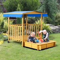Outsunny Arenero para Niños Veranda de Madera con Techo y Ruedas Juego para Niños de 3-8 Años para Jardín 133x129x137,5cm Natural(m-10)