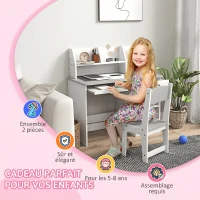 ZONEKIZ Bureau enfant avec chaise ergonomique avec clavier coulissant tiroir niches et étagères ouvertes 90 x 45 x 90 cm gris(m-6)