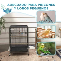 PawHut Jaula para Pájaros con Ruedas con Comederos Perchas Columpio Estante y Bandeja Extraíble 48x46x78 cm Gris(m-8)