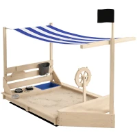 Outsunny Bac à sable en bois avec jeu de cuisine 6 accessoires coffre rangement gouvernail drapeau 180 x 103 x 144,5 cm naturel(m-11)
