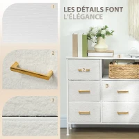HOMCOM Commode 8 tiroirs en tissu bouclette, meuble de rangement avec 2 prises de courant, structure en acier 110x30x76cm crème(m-5)